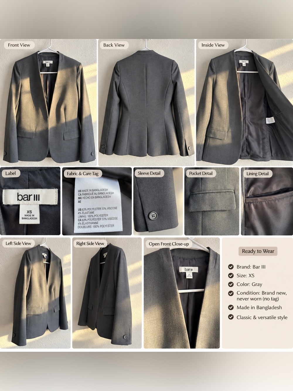 Bar III Women’s XS Charcoal Gray Open Front Tailored Blazer